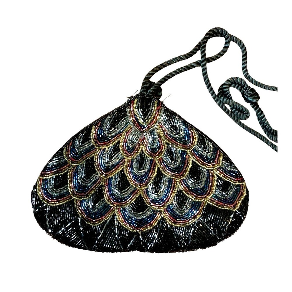 Beaded Small Black Multi-Color Peacock Evening Bag 2-Zipper Opening Twisted Cord